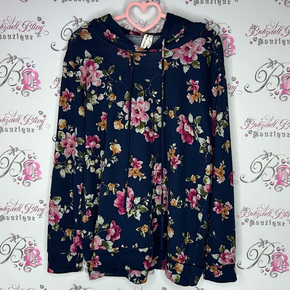 Vanilla bay hoodie pull over stretchy soft floral navy blue pink orange green